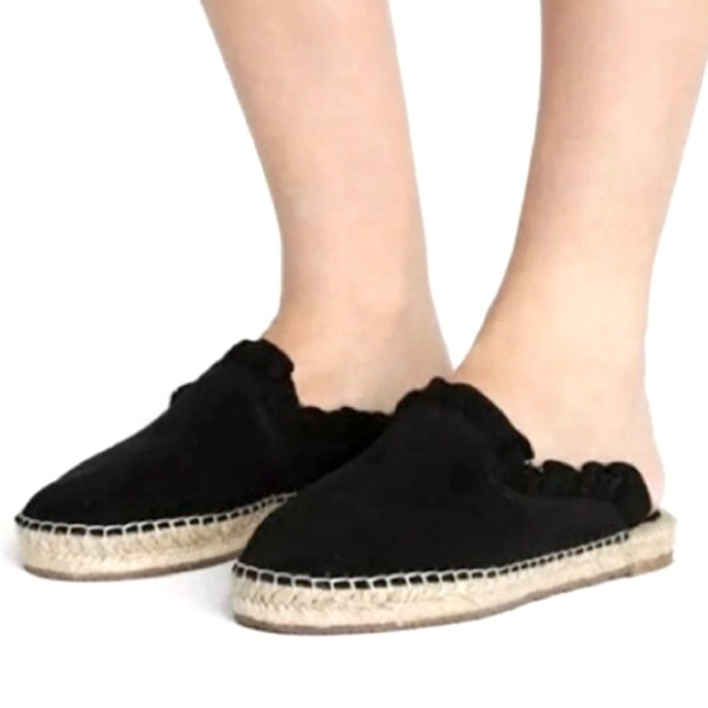 Kate Spade Laila Ruffle Espadrille Mules 9 Black Suede Flats Slides